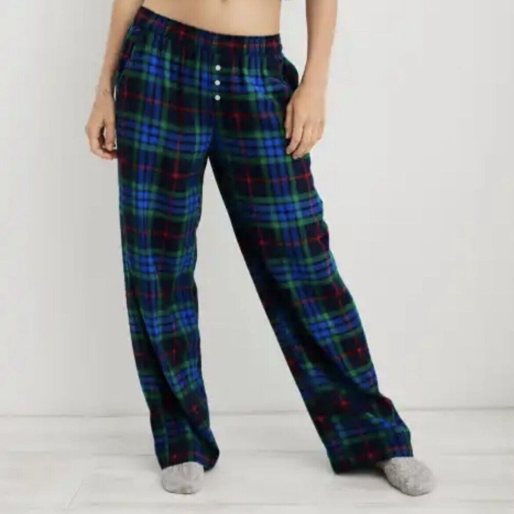 NWT Aerie Flannel Skater Plaid Pajama Pant Green & Blue Woman’s Size Large - Picture 1 of 9